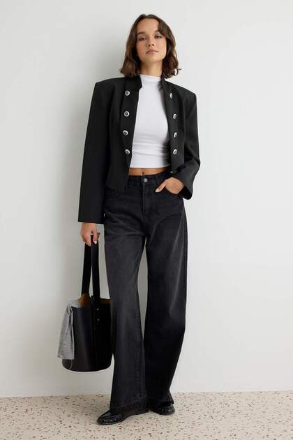 Siyah %100 Pamuk Yüksek Bel Wide Leg Jeans TWOAW27JE00004