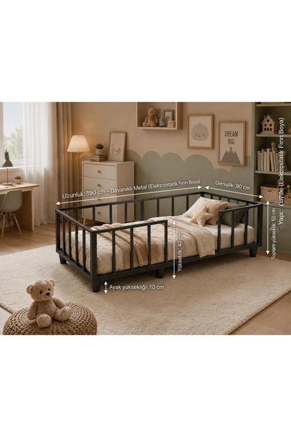 Montessori Bebek ve Çocuk Karyolası 90X190 cm Siyah Renk Demonte