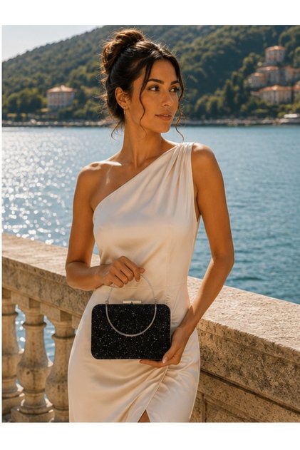 Black Color Big Stone Evening Dress Portfolio Clutch Women's Bag for Hand and Long Strap Use