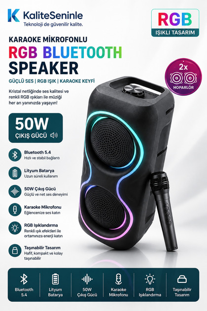 Işıklı Party Box Bluetooth Hoparlör Taşınabilir Şarjlı Ses Sistemi RADYOLU Karaoke Mikrofn