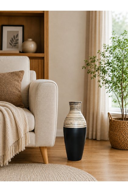 Çizgili Bambu Yer Vazosu, Siyah Bambu Vazo
