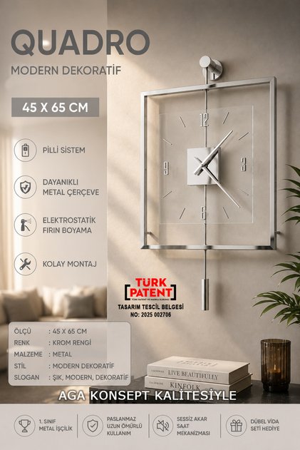 KROM RENGİ Quadro Kare Şeffaf Luxe 45 x 65 cm, Modern Dekoratif Sarkaçlı Metal Duvar Saati