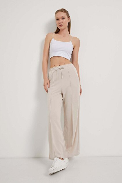 Women's Elastic Waist Wide Leg Baggy Cream Trousers