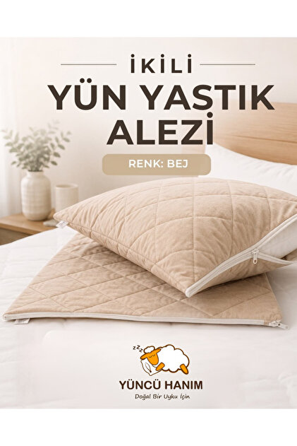 Bej Renkli Kuzu Yünü Dolgulu Kapitoneli Yastık Alezi , Doğal Pamuk Kumaş 50x70 cm (2 Adet)