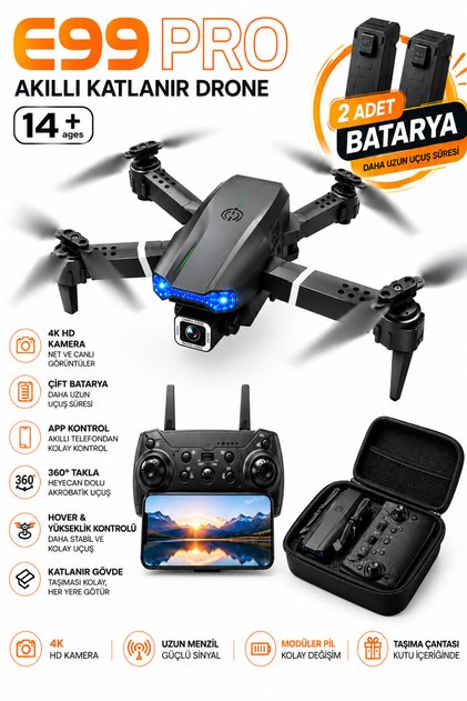 E99 Drone 4K HD Kamera Çift Batarya Katlanabilir Kumandalı Drone