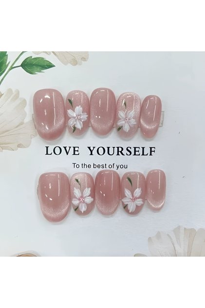M 10pcs high-end Hand-painted pink cat's eye flowers handmade fake nails, Pink short nail decoratio.