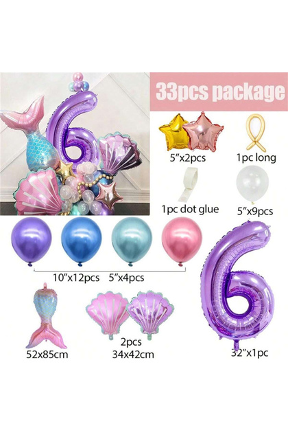 As Picture 6 33pcs Mermaid Balloon Number Set Balloon Column Set Mermaid Theme Shell Children’s Birt