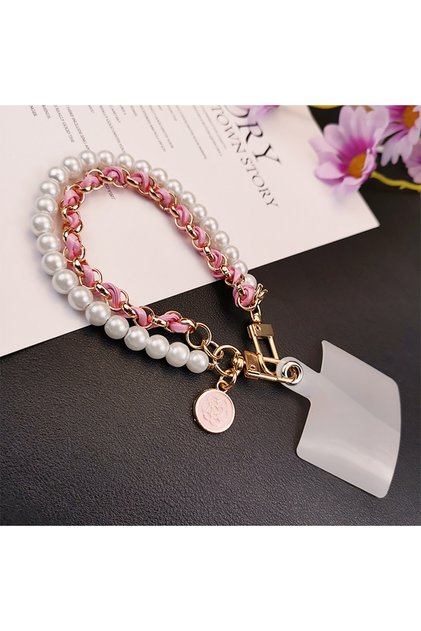 Pink Mobile Phone Lanyard Short Wrist Lanyard Pearl Leather String Lanyard Hand Woven Anti Loss Hang