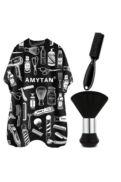 black-3pcs-A 2/3/4pcs Professional Barber Cape with Adjustable Neck Buckle, Hair Dust Brush Set -St