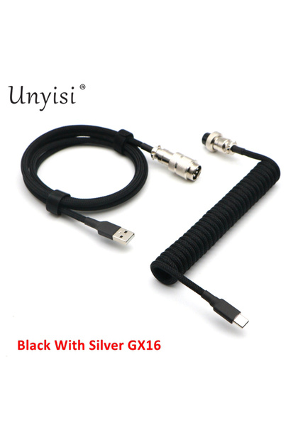 1.2m - 15cm Coiled Black Silver GX16 Hand Made Paracord and PET Double Sleeved USB-A to USB-C Type-C