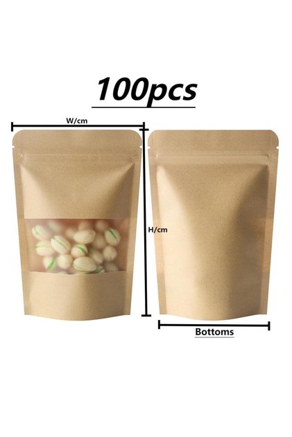 100pcs 9x14cm(3.5x5.5in) yellow Brown 100 Pcs Kraft Matte Visible Window Stand-Up Pouches Snacks Dri