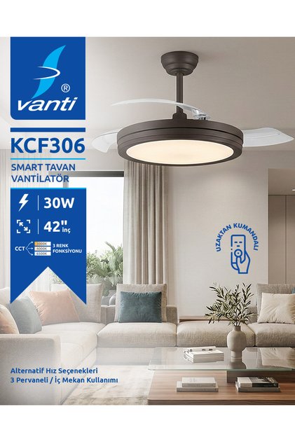 Gizli Kanat Ledli Ses ve Kumanda Kontrollü Tavan Vantilatörü Siyah KCF306