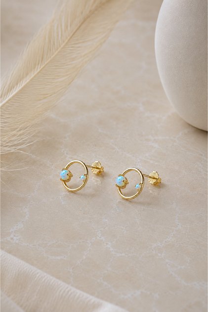 925 Ayar Gümüş Gold Kaplamalı Opal Taşlı Yuvarlak Minimal Küpe