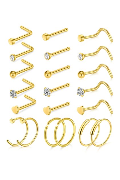 Gold-Set E 5/6/21Pcs 20G Nose Studs Stainless Steel Nostril Studs Screws Nose Ring Hoop Body Piercin