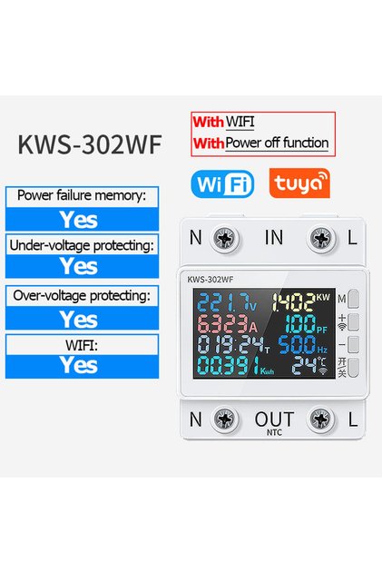KWS-302WF Tuya WiFi 8in1 Power Meter 2P AC Energy Meter APP Control 170-270V/63A Voltage and Current
