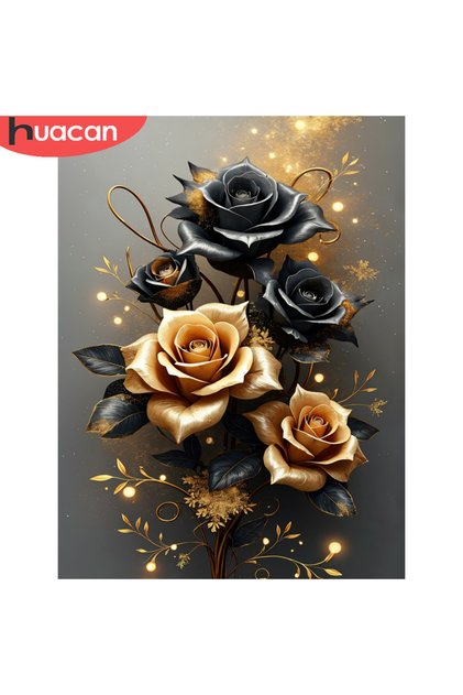 Full Round 20x30cm 2864 Huacan Luxury Diamond Painting Kit Black and Gold Roses Exquisite Art Decor