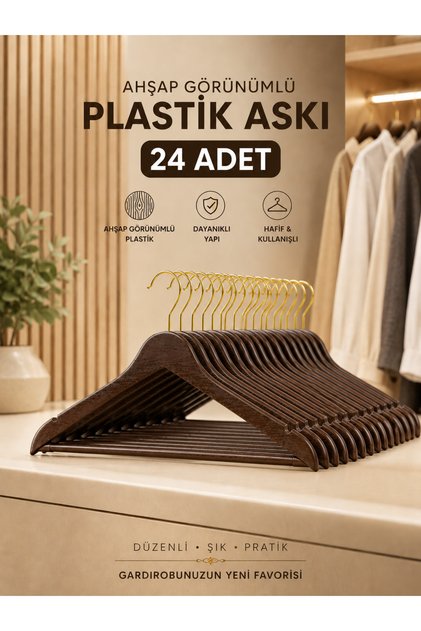 24 Adet Ahşap Görünümlü Askı Premium Serisi Kıyafet Elbise Gömlek Askısı Kahverengi Gold Venge Renk