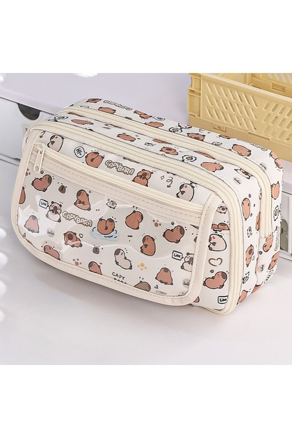 White High Quality Kapibara Cartoon Pencil Case with Flip Top for Easy Access and Large Capacity for