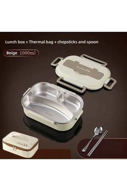 1000ml Beige 304 Stainless Steel Compartment Insulated Lunch Box Office Worker Students Sealed Porta