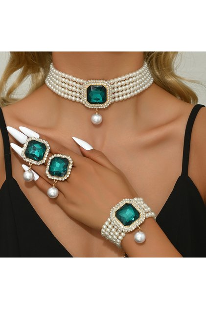 80854206-Green Women's Fashion Light Luxury Short Style Imitation Pearl Rhinestone Necklace Earrings