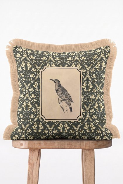 Vintage Bird Figured Khaki Green Damask Decorative Cushion Cover with Floor Fringes