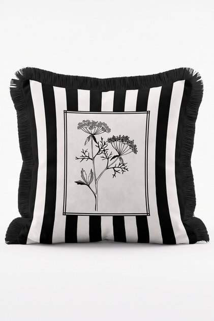 Modern Black and White Striped and Botanical Illustration Detailed Fringed Throw Pillow Cover