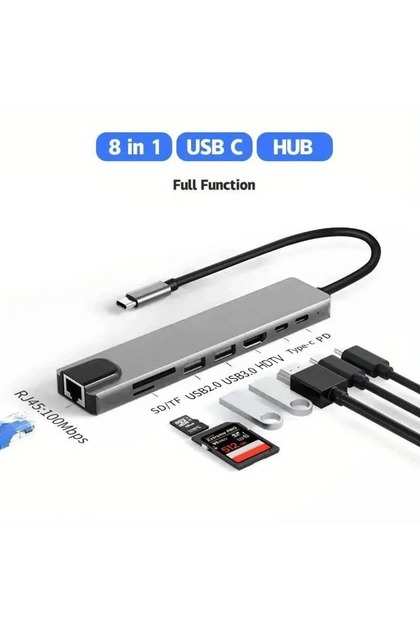 8 in 1 8in1 Type C Hub USB C 8 In 1 USB3.1 To 4K HDMI Adapter with RJ45 SD/TF Card Reader PD Fast Ch