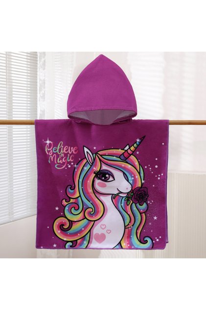 Unicorn 1 Pack of Cartoon Hooded Poncho Bath Towels for Children Aged 2-7, Made of Polyester Fiber w