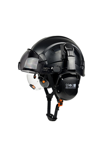 Black A Set CE Safety Helmet With Built-In Goggles Earmuffs Hard Hat With Visor Vented Industrial Ha