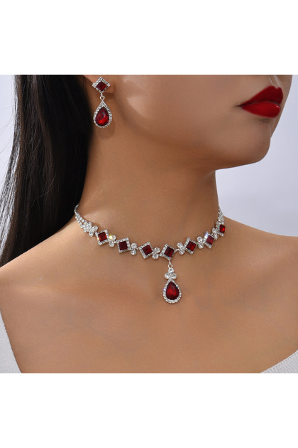 808056-Red 3-piece Women's Claw Chain Series Geometric Droplet Earrings Necklace Set Wedding Banquet