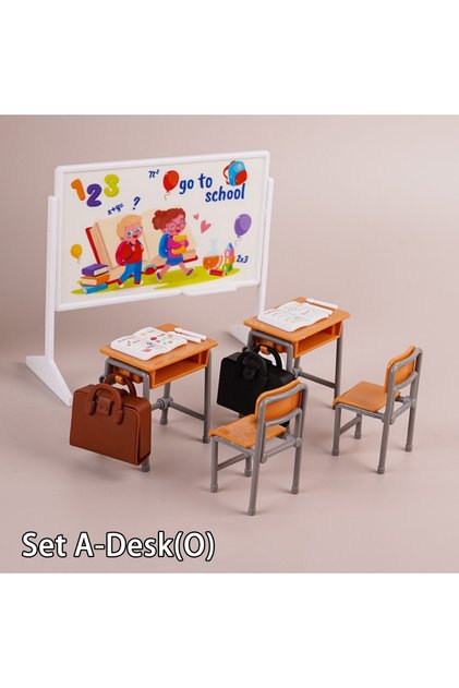 SetA-Desk O 1Set 1:12 Dollhouse Miniature Desks Chairs Schoolbags Model Blackboard Classroom Decor T