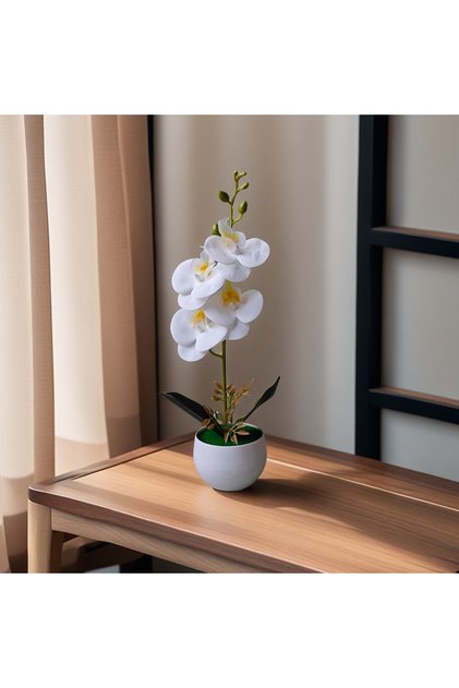 White (yellow core) Realistic Artificial Orchid Potted Plant with Plastic Pot for Home Office Hotel