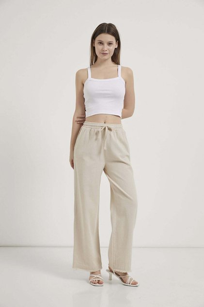 Wide Leg Gabardine Trousers with Tassels