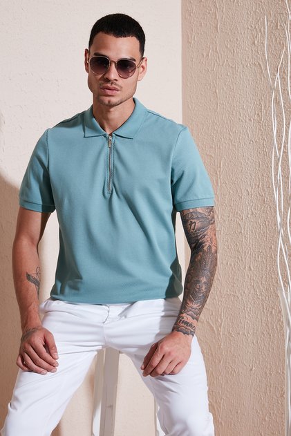Cotton Regular Fit Zippered Polo Collar t Shirt Men's Polo Collar t Shirt 5902915