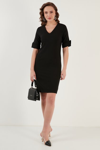Sleeve Detailed V-Neck Slit Dress Dress 6058598