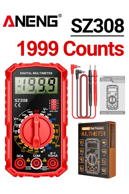 SZ308 Red SZ308 Square Wave Digital Tester 1999 Counts HFE Triode Buzzer Multimeter AC/D