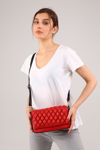 Women's Quilted Embroidered Red and Black Shoulder Bag with Adjustable Shoulder Strap