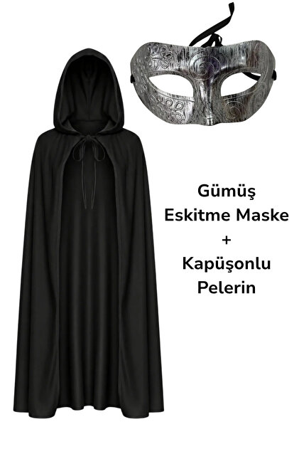 Gümüş Eskitme Venedik Maske ve Siyah Kapüşonlu Pelerin Kostüm Aksesuar Seti