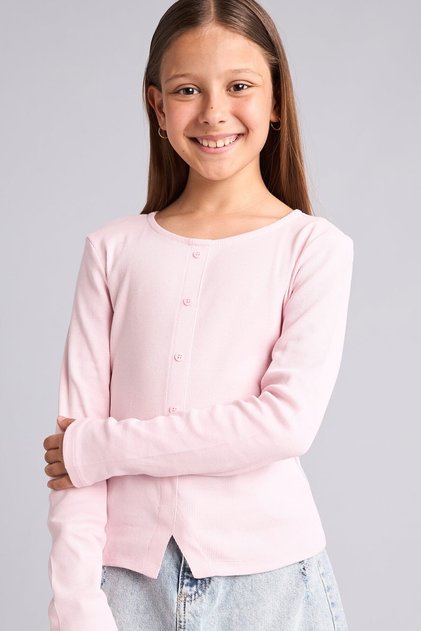 Tricou roz cu mânecă lungă, cu guler cu nasturi, din bumbac, pentru fete I1975A826AU