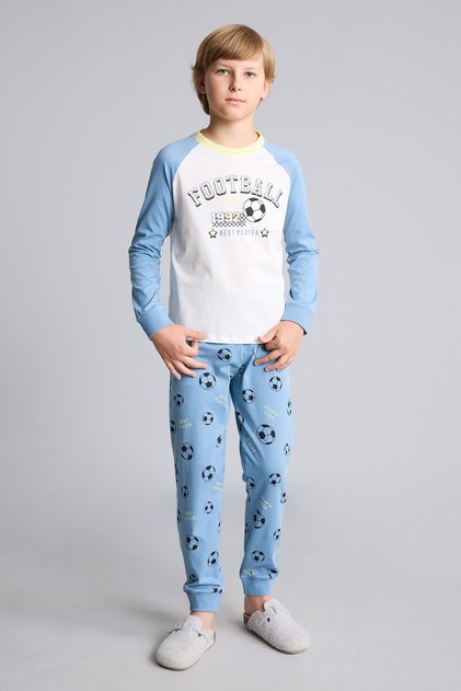 100% Cotton Regular Fit Football Printed Raglan Sleeves Top Elastic Cuff Bottom 2-Piece Pajama Set Men's