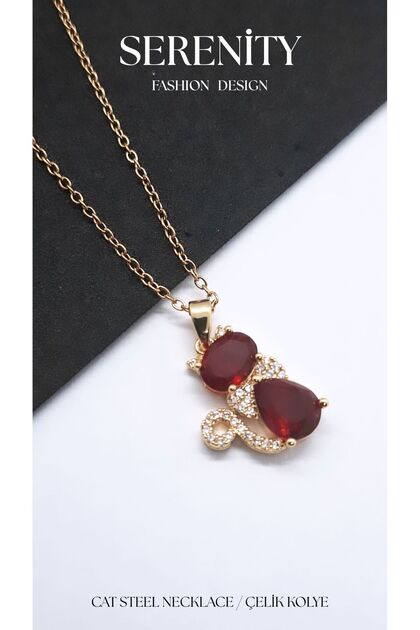 Red Zircon Stone Cat Steel Necklace
