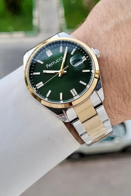 Green Dial, Gold Silver Color Strap, Gift Packaged 40 mm Men's Calendar Wristwatch