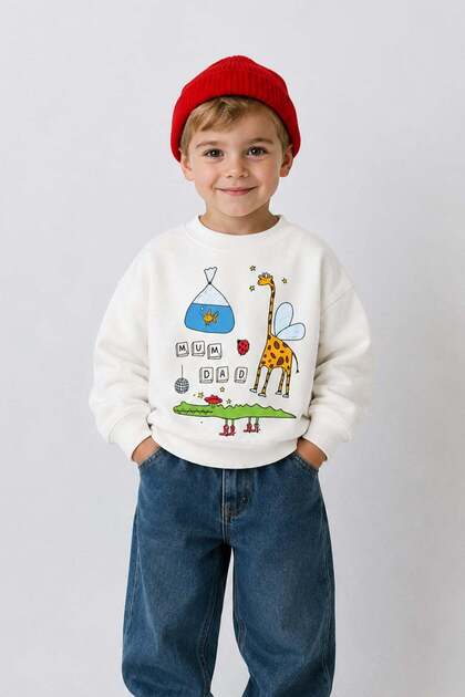 Boy's 3 Thread Fabric Giraffe Printed Cotton Sweatshirt