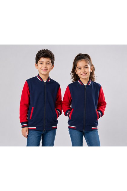 Unisex Children's Cardigan with Zipper, 3 Yarns, Non-Shedding Knitted Fabric, Navy Blue, Red Sleeves, Daily Sports, Seasonal (1 Piece)