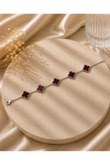 925 Ayar Gümüş 5li 10mm Bordo Taşlı Çiçek Bileklik 9 Gr