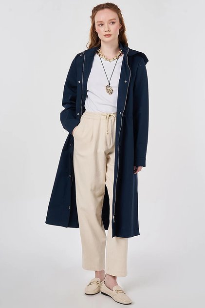 Hooded Detailed Trench Coat Dark Navy Blue