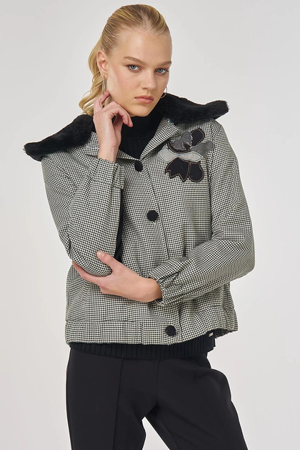 Fur Collar Goose Feet Pattern Jacket Emerald