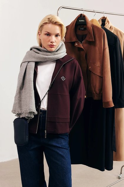 Short Jacket with Stitching Detail Dark Burgundy