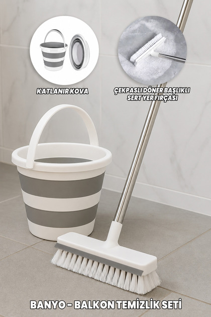 Bathroom Balcony Cleaning Set - Folding Cleaning Bucket - Hard Brush with Swivel Head and Hook