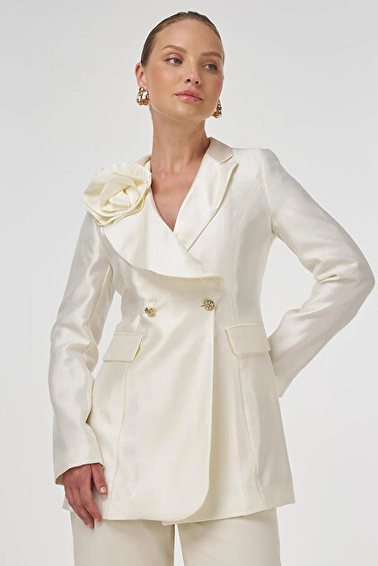 Rose Motif Stylish Blazer Jacket Ecru